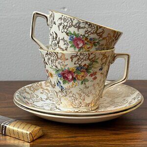 Lord Nelson Ware Ironstone Tea Set 2 Teacups + 2 Saucers 2528 Rose Time